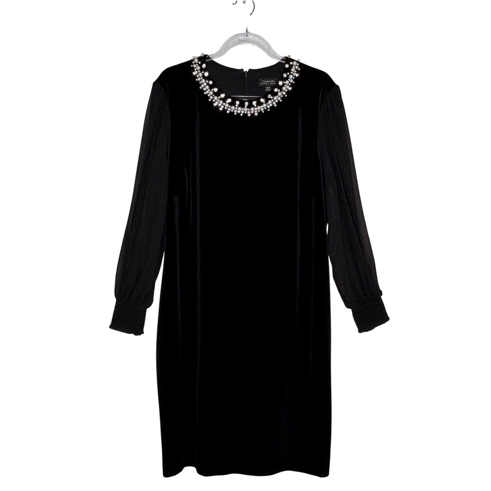 Tahari ASL Womens 16W Velvet Pearl Embellished Sheer Sleeve Black Cocktail Dress - Picture 2 of 12